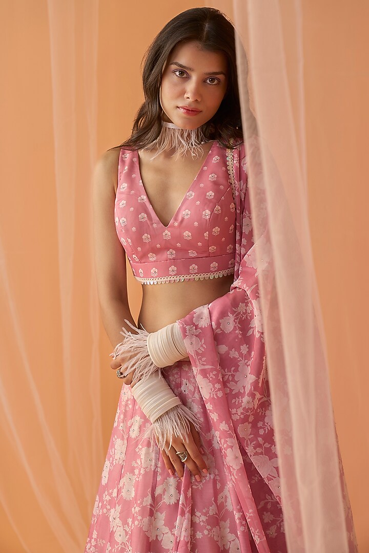 Pink Chanderi Floral Printed Lehenga Set by Lashkaraa at Pernia's Pop Up Shop