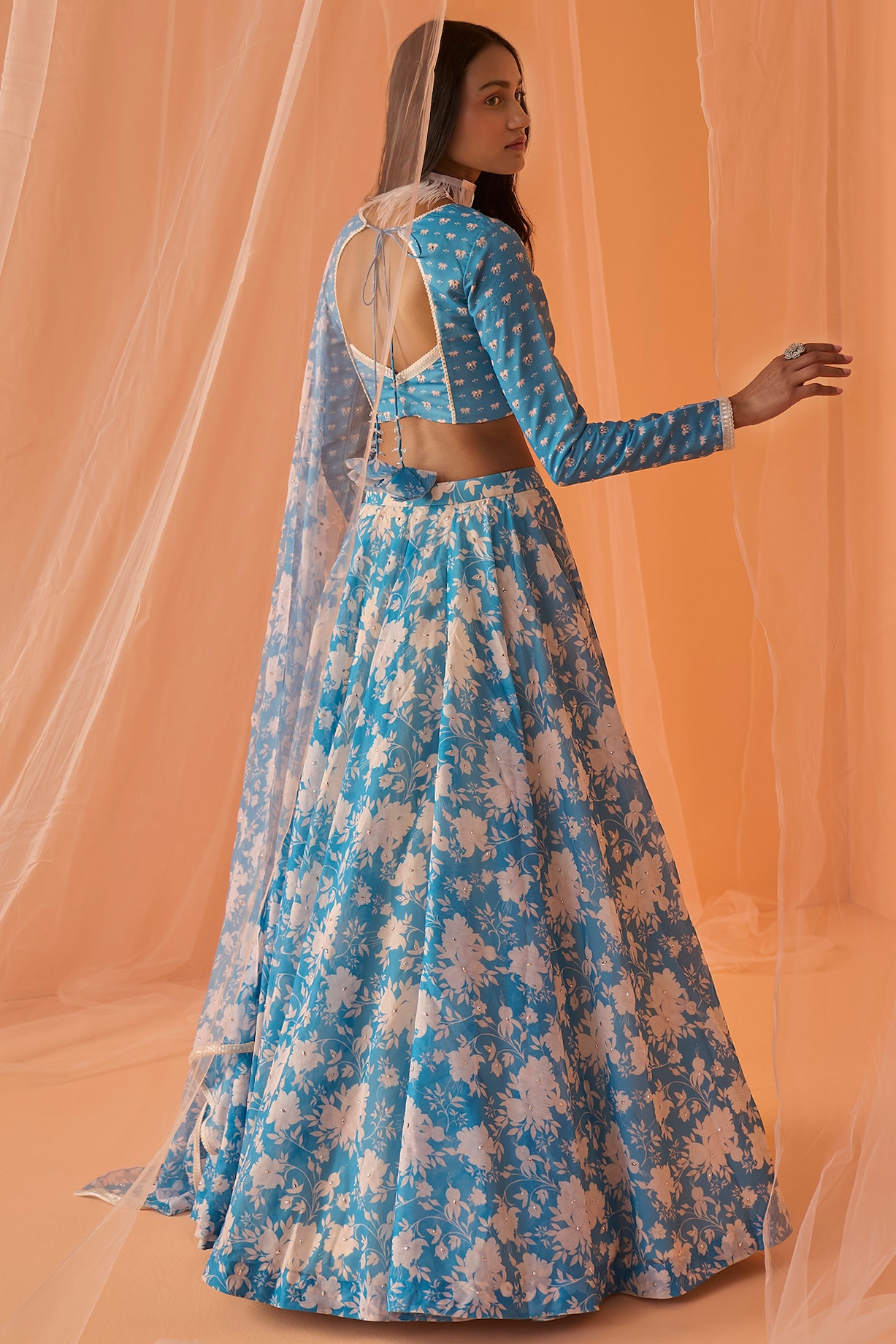 Sky Blue Chanderi Floral Printed Lehenga Set by Lashkaraa at Pernia's ...