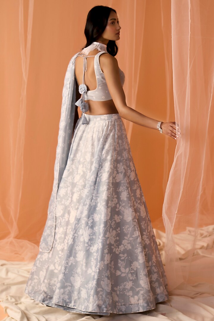 Light Grey Chanderi Floral Printed Lehenga Set by Lashkaraa at Pernia's Pop Up Shop