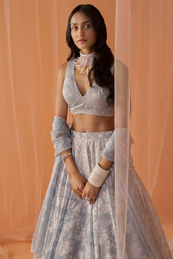 Light Grey Chanderi Floral Printed Lehenga Set by Lashkaraa at Pernia's Pop Up Shop