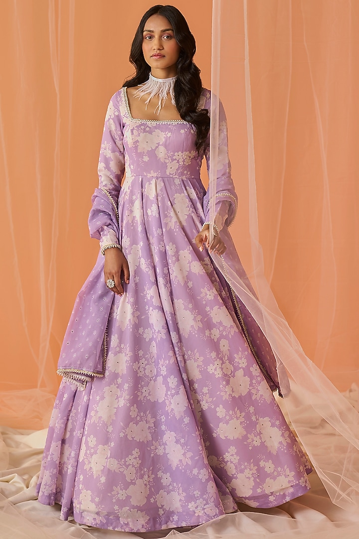 Lilac Chanderi Floral Printed Party Wear Anarkali Set by Lashkaraa at Pernia's Pop Up Shop