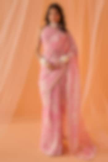 Light Pink Chanderi Floral Printed Prestitched Saree Set by Lashkaraa