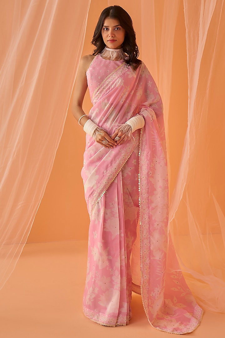 Light Pink Chanderi Floral Printed Prestitched Saree Set by Lashkaraa at Pernia's Pop Up Shop