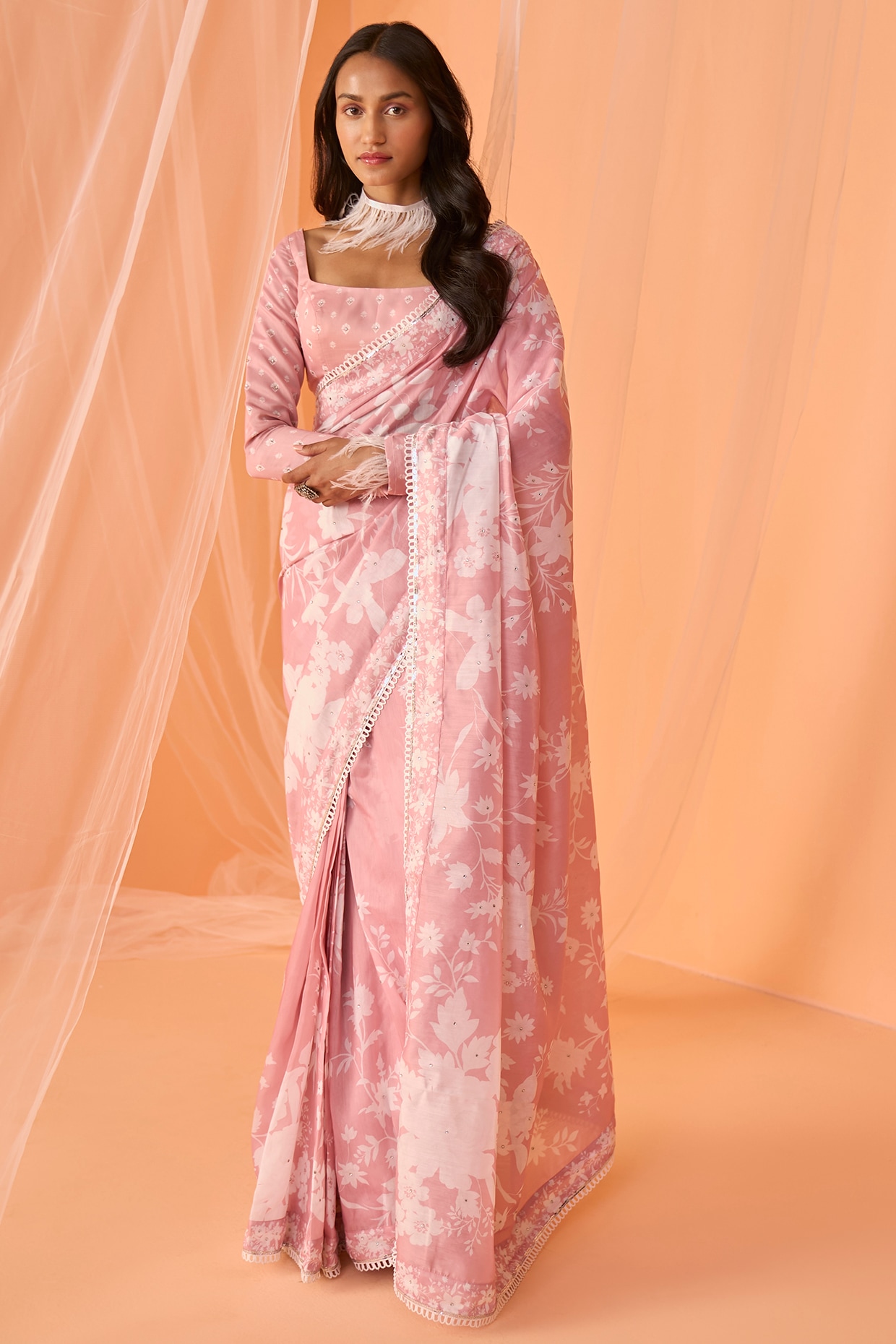 Peach Chanderi Silk Block Printed Saree GOVCH07