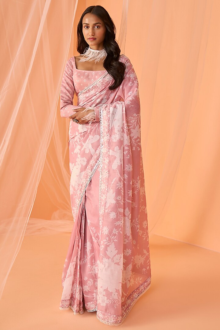 Peach Chanderi Floral Printed Prestitched Saree Set by Lashkaraa
