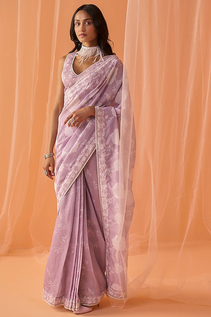 Dusty Lilac Chanderi Floral Printed Prestitched Saree Set by Lashkaraa