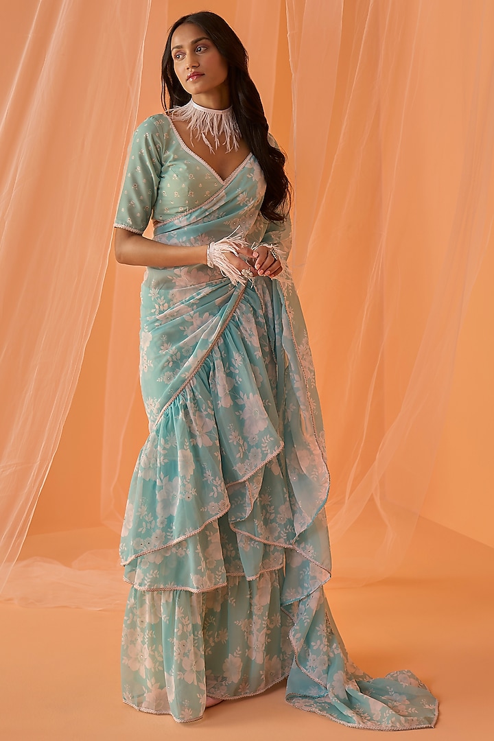 Mint Blue Georgette Floral Printed Prestitched Saree Set by Lashkaraa