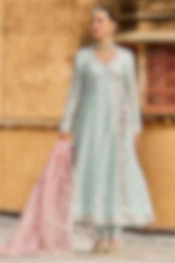 Sky Blue & Pink Organza Sequins Embroidered Party Wear Anarkali Set by Lashkaraa at Pernia's Pop Up Shop