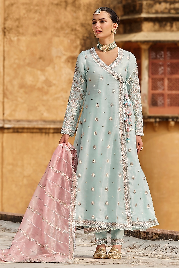 Sky Blue & Pink Organza Sequins Embroidered Party Wear Anarkali Set by Lashkaraa at Pernia's Pop Up Shop