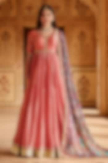 Coral Georgette Sequins Embroidered Party Wear Anarkali Set by Lashkaraa at Pernia's Pop Up Shop