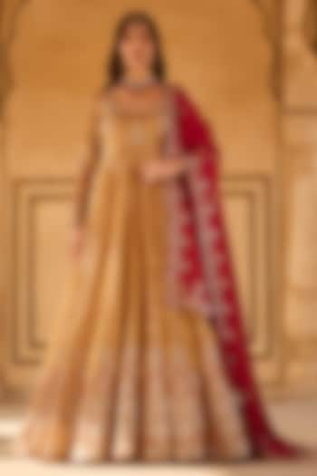 Mustard Yellow & Hot Pink Tissue Organza Sequins Embroidered Party Wear Anarkali Set by Lashkaraa at Pernia's Pop Up Shop