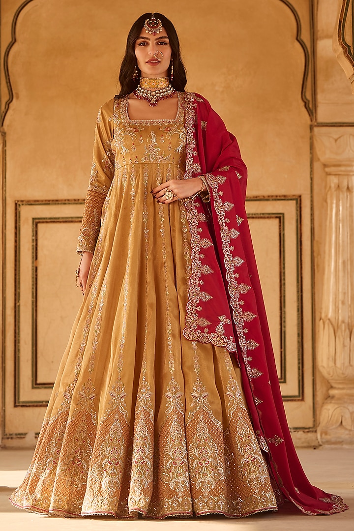 Mustard Yellow & Hot Pink Tissue Organza Sequins Embroidered Party Wear Anarkali Set by Lashkaraa at Pernia's Pop Up Shop