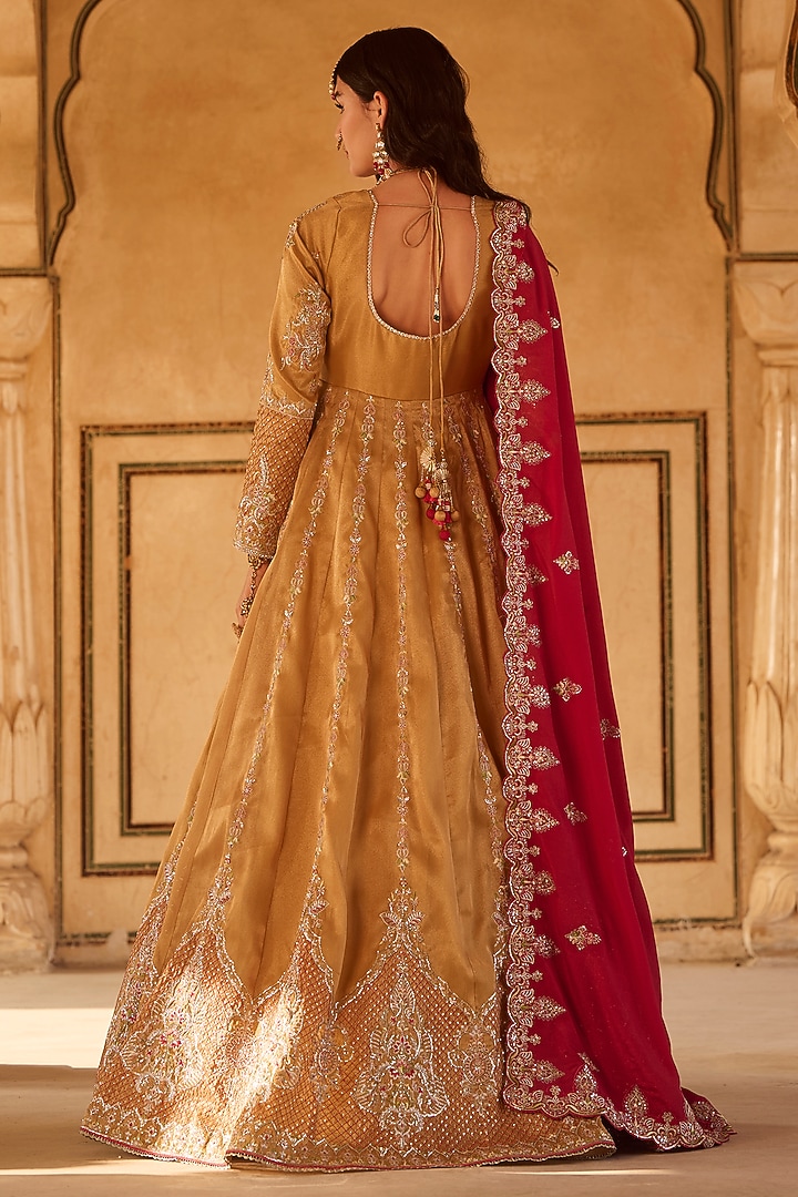 Mustard Yellow & Hot Pink Tissue Organza Sequins Embroidered Party Wear Anarkali Set by Lashkaraa at Pernia's Pop Up Shop