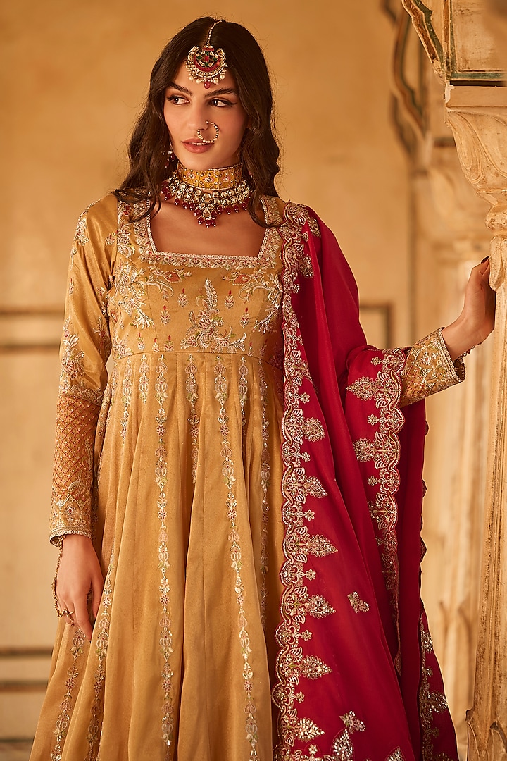 Mustard Yellow & Hot Pink Tissue Organza Sequins Embroidered Party Wear Anarkali Set by Lashkaraa at Pernia's Pop Up Shop