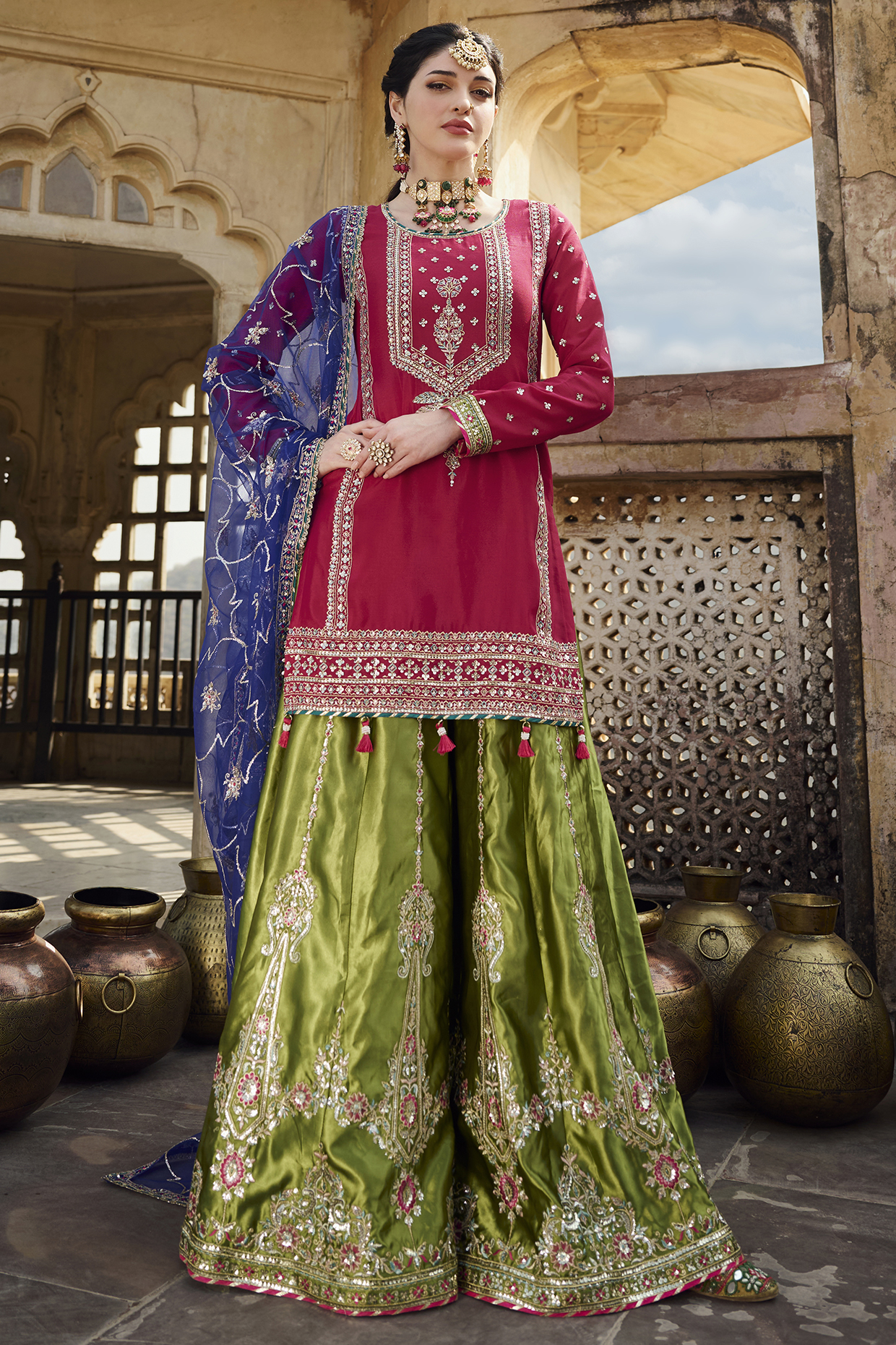 Multi-Colored Satin Sequin Embroidered Party Wear Sharara Set by Lashkaraa at Pernia's Pop Up Shop