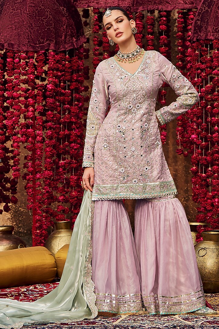 Soft Purple Silk Embroidered Gharara Set by Lashkaraa at Pernia's Pop Up Shop