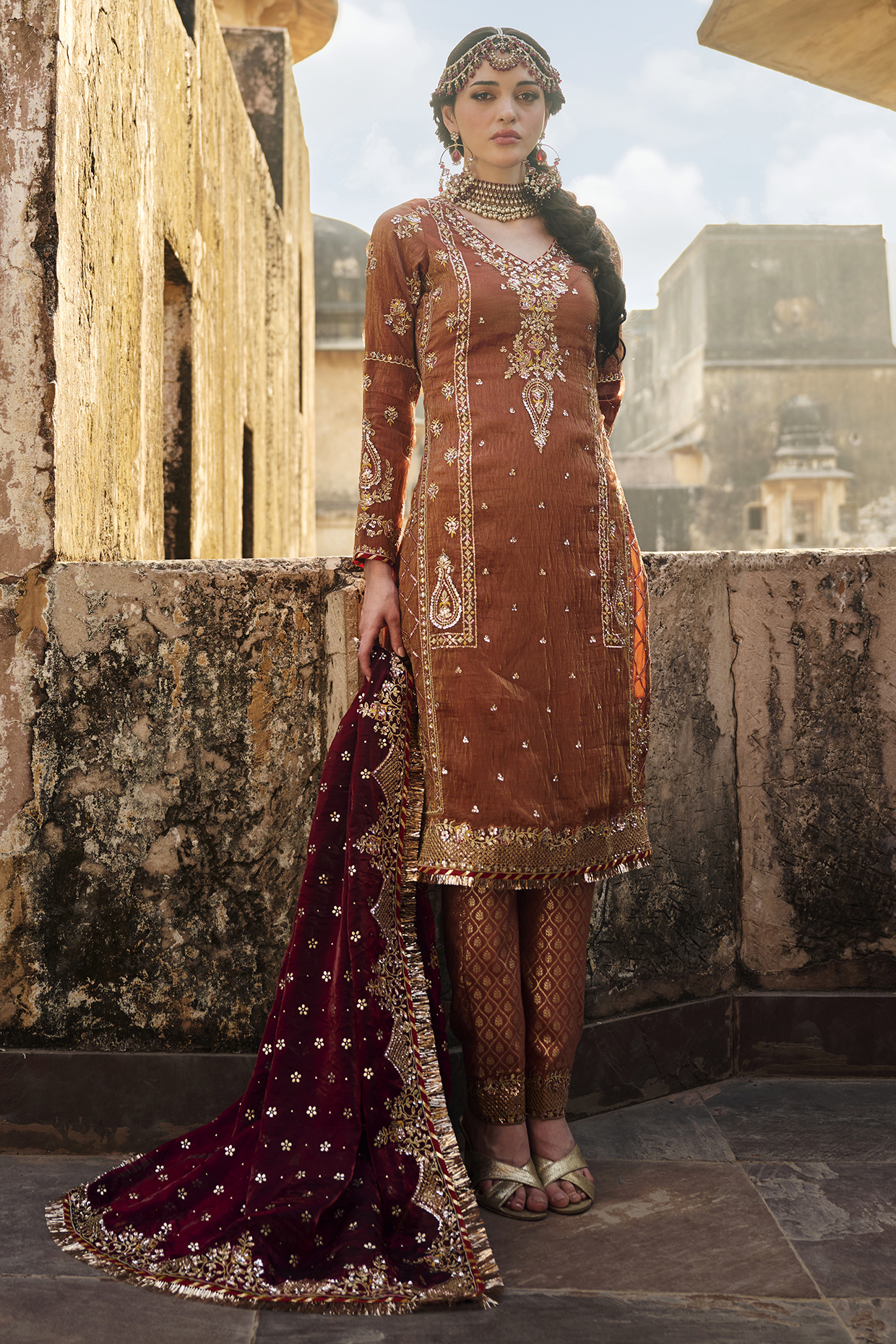 Rust Silk Sequins Embroidered Kurta Set by Lashkaraa at Pernia's Pop Up Shop
