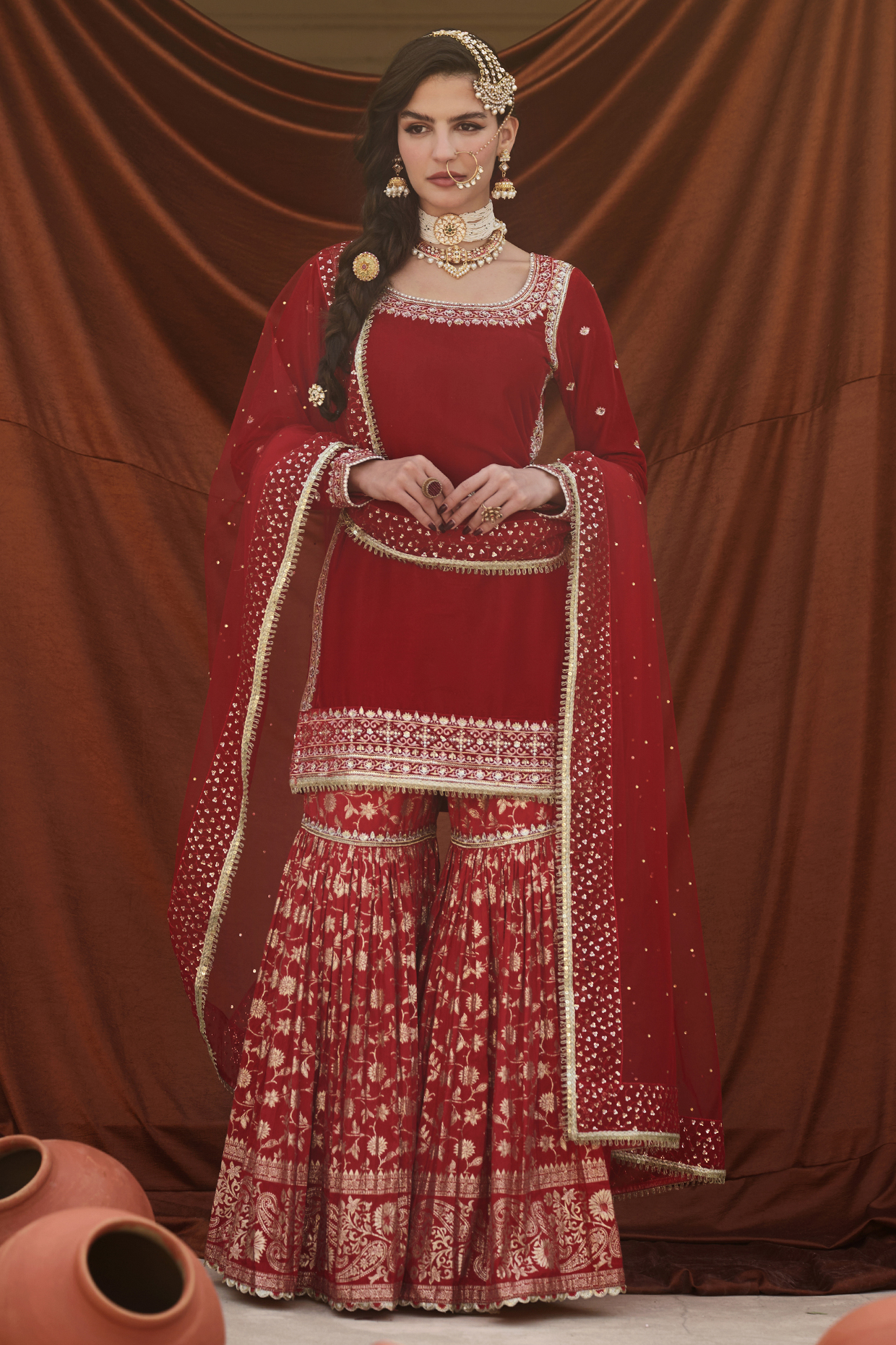 Red Velvet Sequins Embroidered Gharara Set by Lashkaraa at Pernia's Pop Up Shop