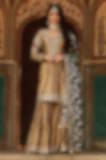 Gold & Green Silk Embroidered Gharara Set by Lashkaraa at Pernia's Pop Up Shop