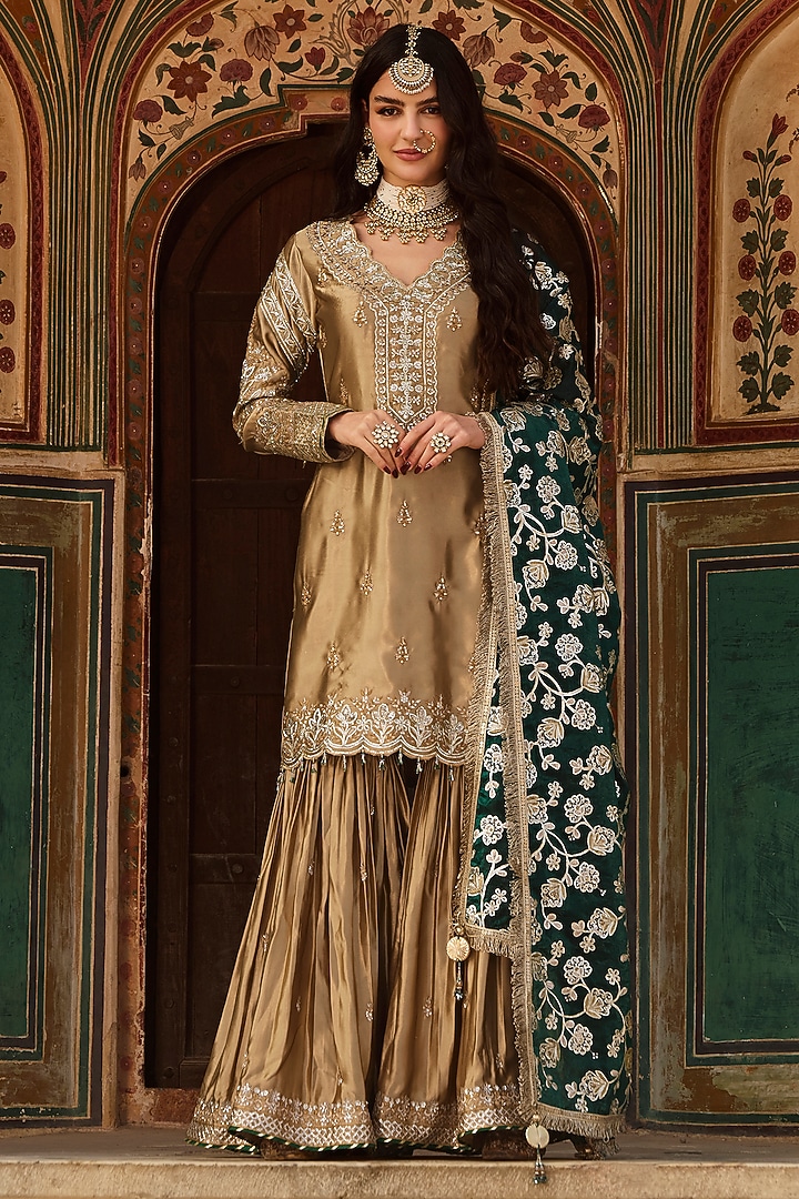 Gold & Green Silk Embroidered Gharara Set by Lashkaraa at Pernia's Pop Up Shop