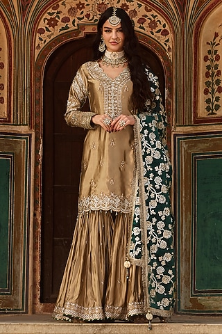 Gold & Green Silk Embroidered Gharara Set by Lashkaraa