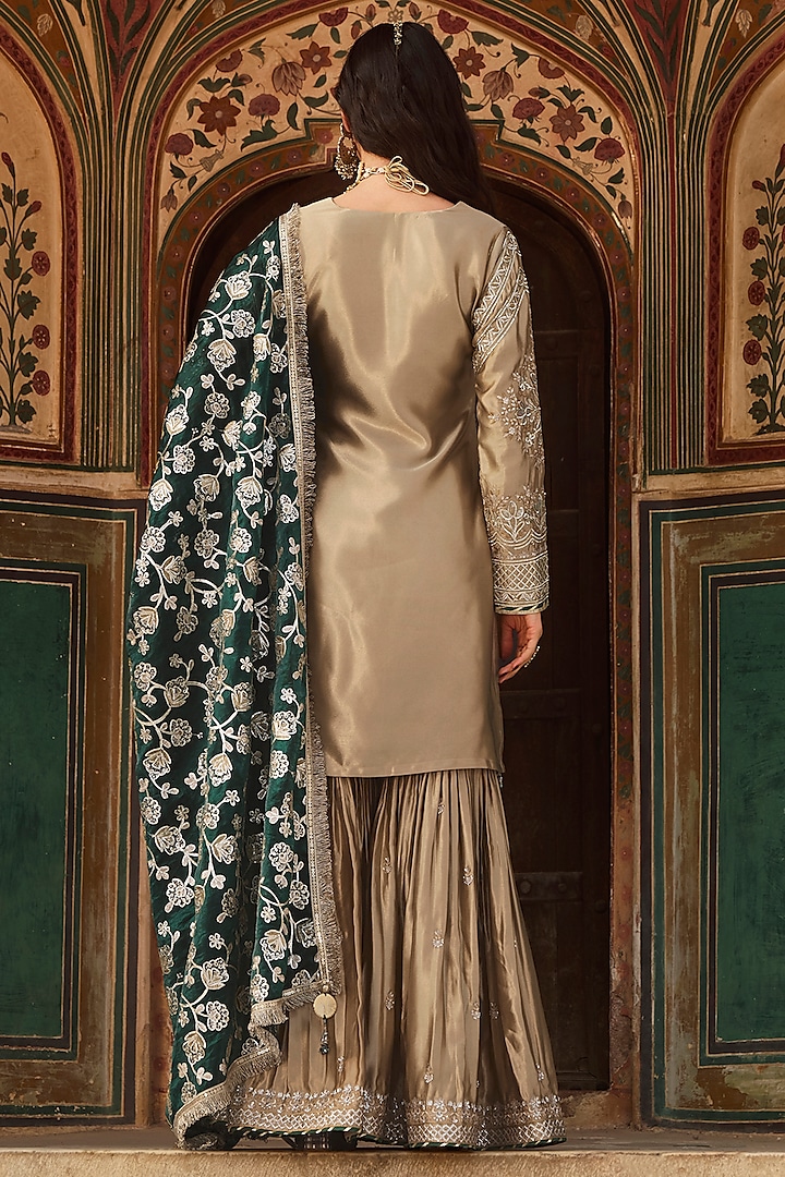 Gold & Green Silk Embroidered Gharara Set by Lashkaraa at Pernia's Pop Up Shop