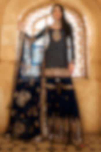 Dark Teal Satin Sequins Embroidered Gharara Set by Lashkaraa at Pernia's Pop Up Shop