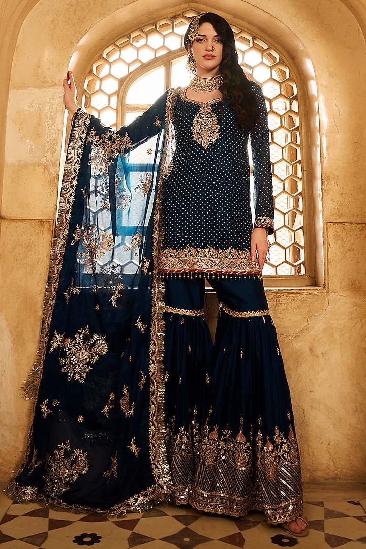 Dark Teal Satin Sequins Embroidered Gharara Set by Lashkaraa at Pernia's Pop Up Shop