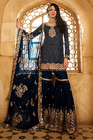 Dark Teal Satin Sequins Embroidered Gharara Set by Lashkaraa