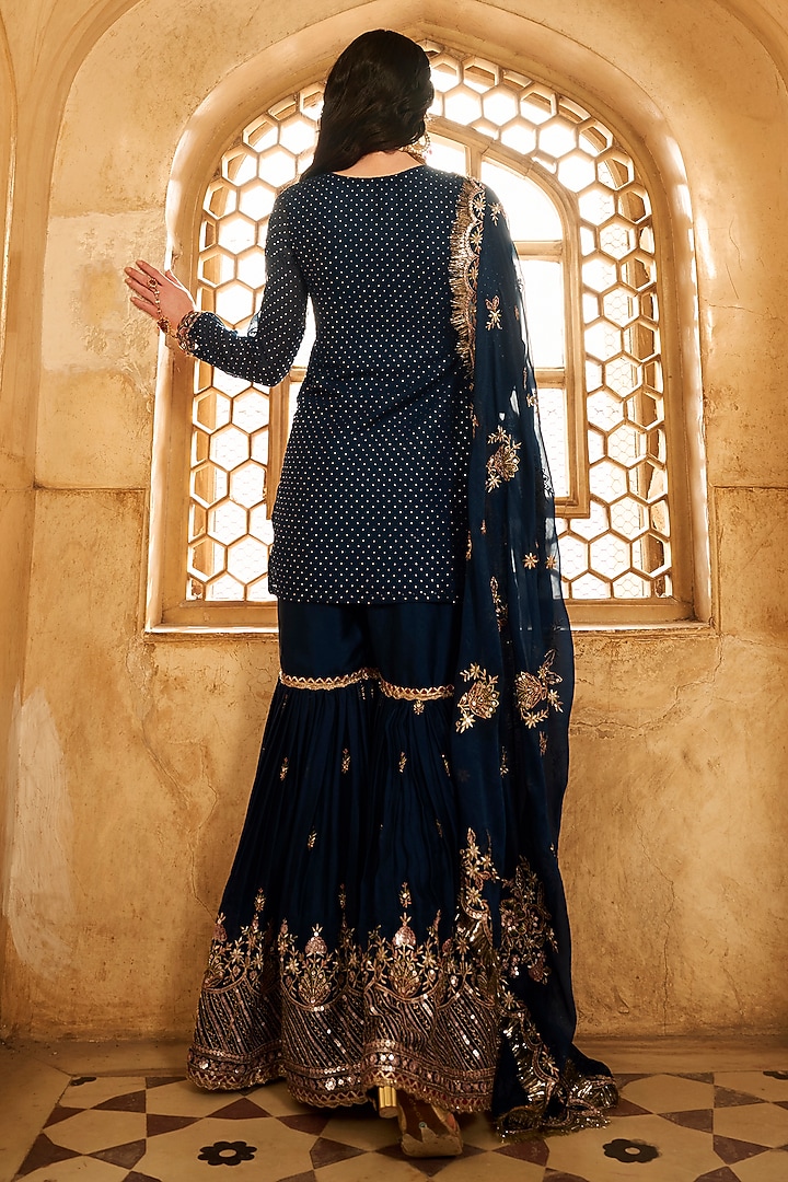 Dark Teal Satin Sequins Embroidered Gharara Set by Lashkaraa at Pernia's Pop Up Shop