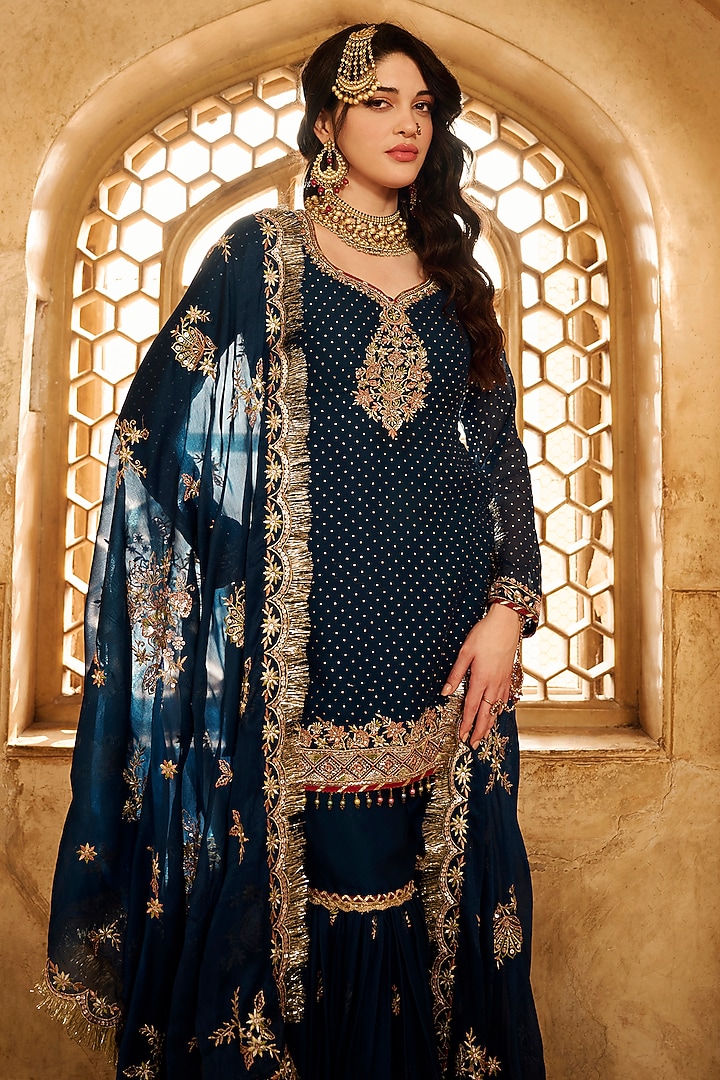 Dark Teal Satin Sequins Embroidered Gharara Set by Lashkaraa at Pernia's Pop Up Shop
