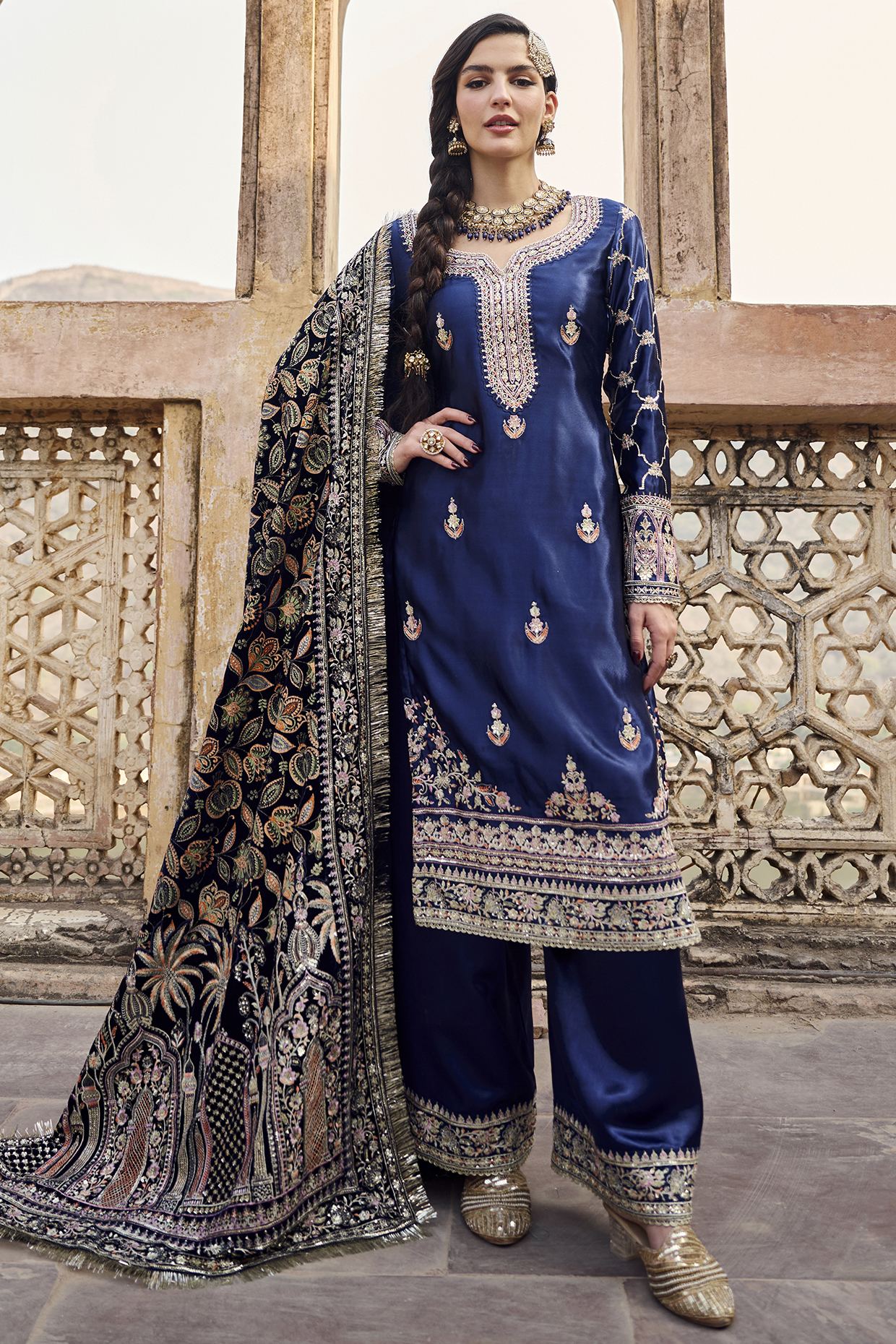 Blue Satin Zari Embroidered Kurta Set by Lashkaraa at Pernia's Pop Up Shop