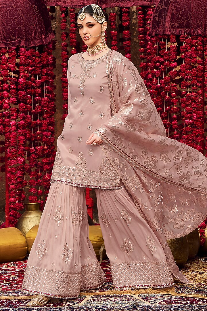Dusty Pink & Gold Tissue Gharara Set by Lashkaraa at Pernia's Pop Up Shop