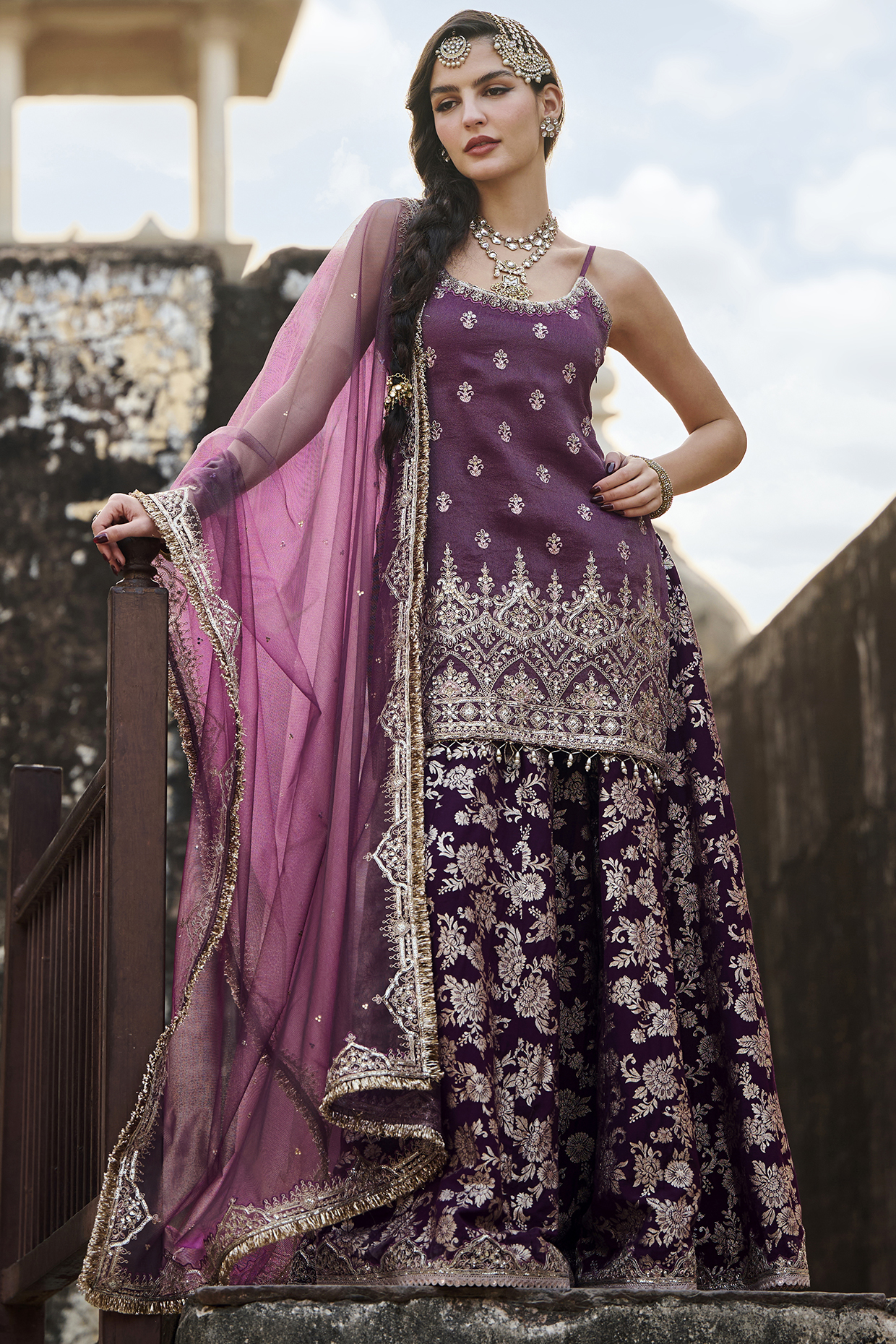 Wine Brocade Sharara Set by Lashkaraa at Pernia's Pop Up Shop