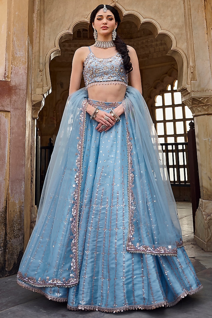 Sky Blue Organza Sequins Embroidered Lehenga Set by Lashkaraa at Pernia's Pop Up Shop