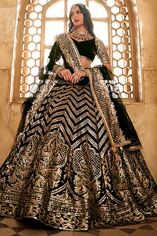 Black Satin Organza Sequins Embroidered Lehenga Set by Lashkaraa