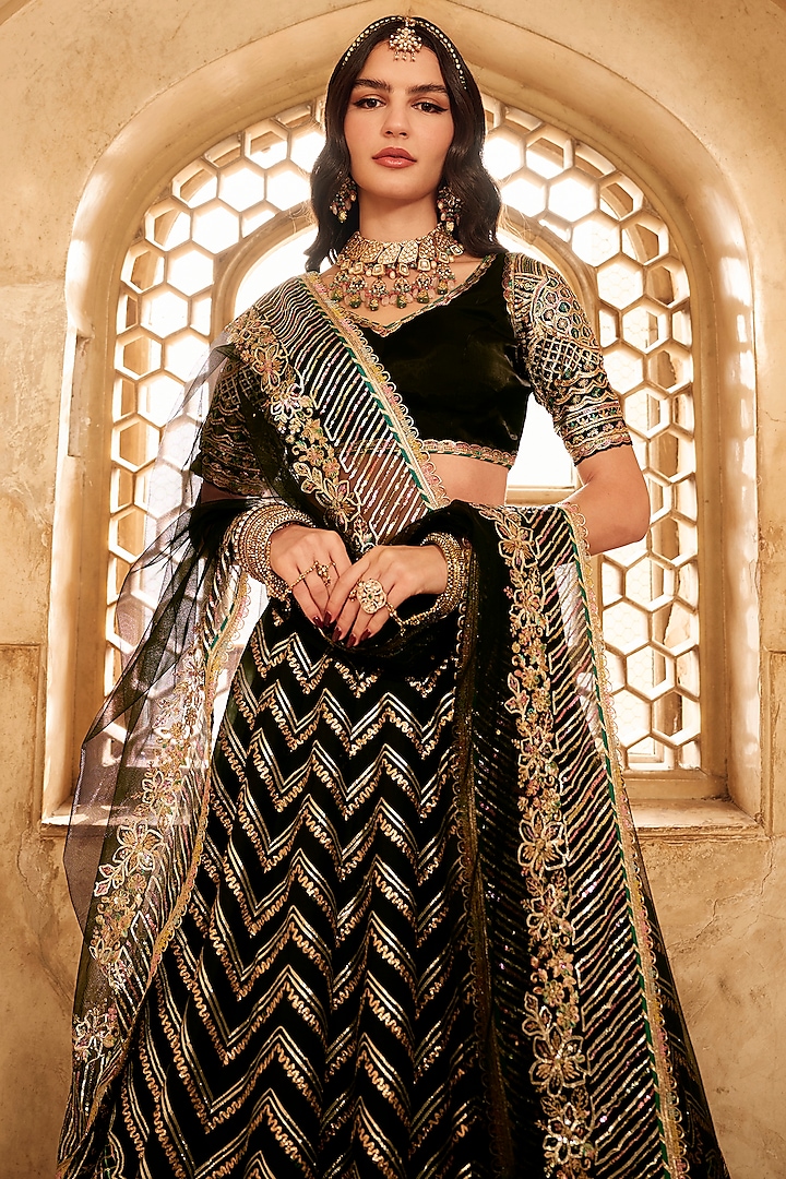 Black Satin Organza Sequins Embroidered Lehenga Set by Lashkaraa at Pernia's Pop Up Shop