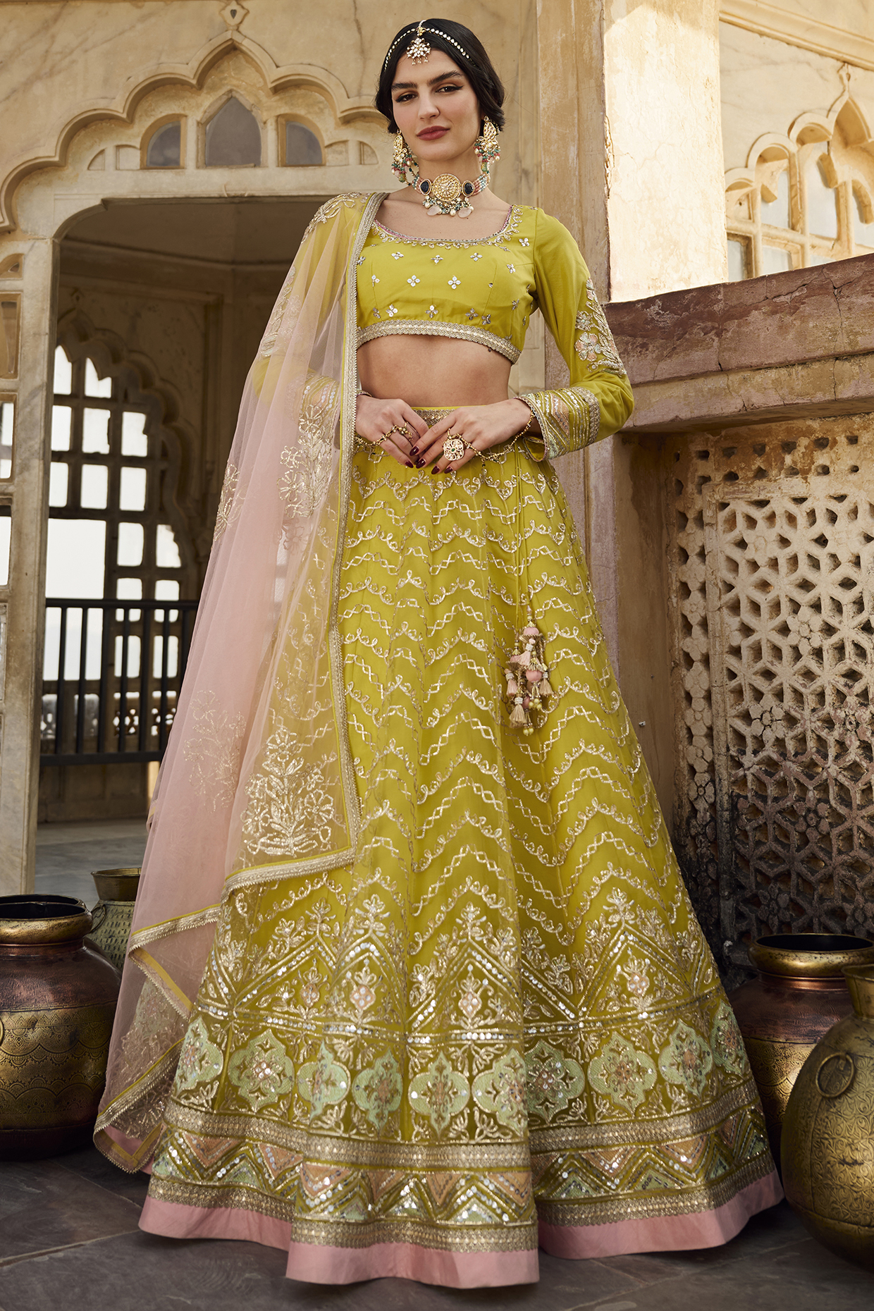 Yellow Net Sequins Embroidered Lehenga Set by Lashkaraa at Pernia's Pop Up Shop