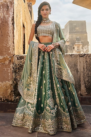 Dusty Teal Organza Sequins Embroidered Lehenga Set by Lashkaraa