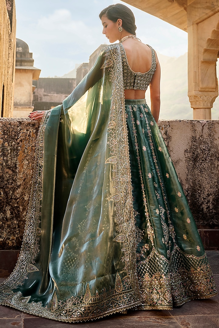 Dusty Teal Organza Sequins Embroidered Lehenga Set by Lashkaraa at Pernia's Pop Up Shop