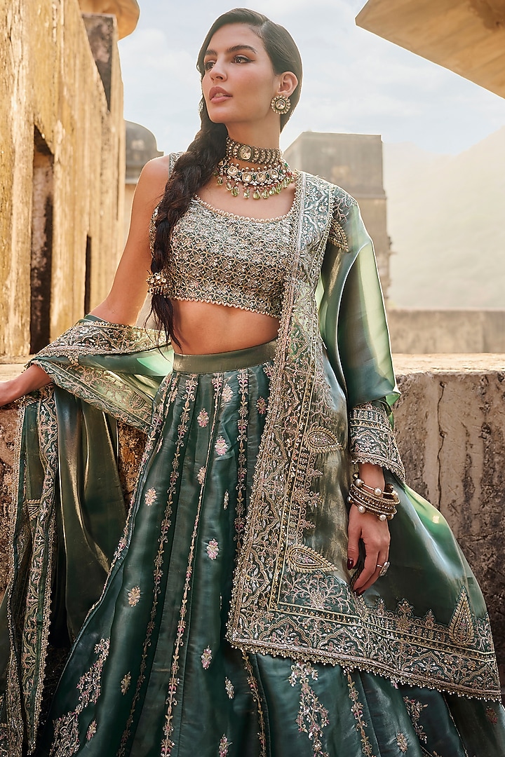Dusty Teal Organza Sequins Embroidered Lehenga Set by Lashkaraa at Pernia's Pop Up Shop