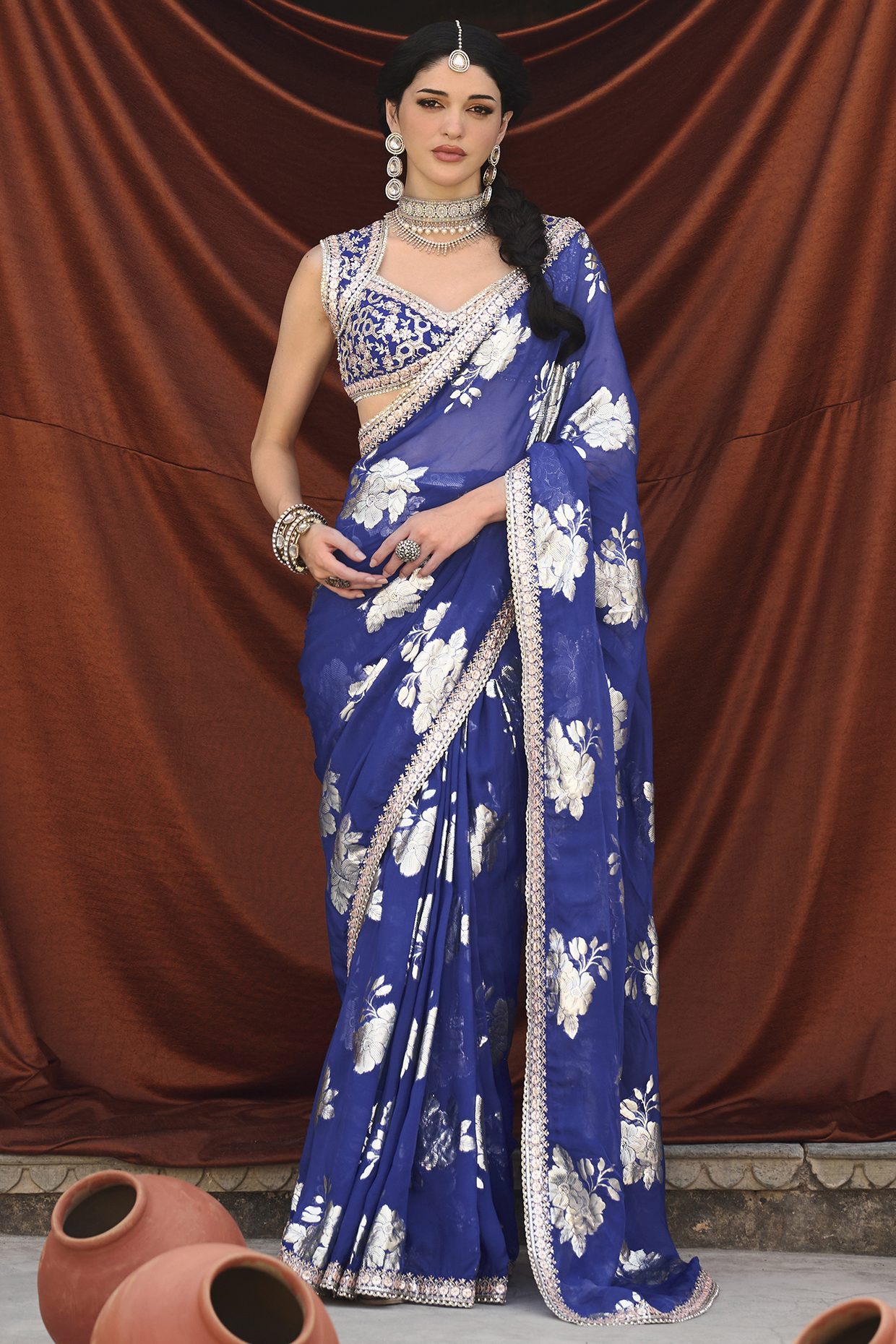 Royal Blue Georgette Thread Embroidered Brocade Saree Set by Lashkaraa at Pernia's Pop Up Shop