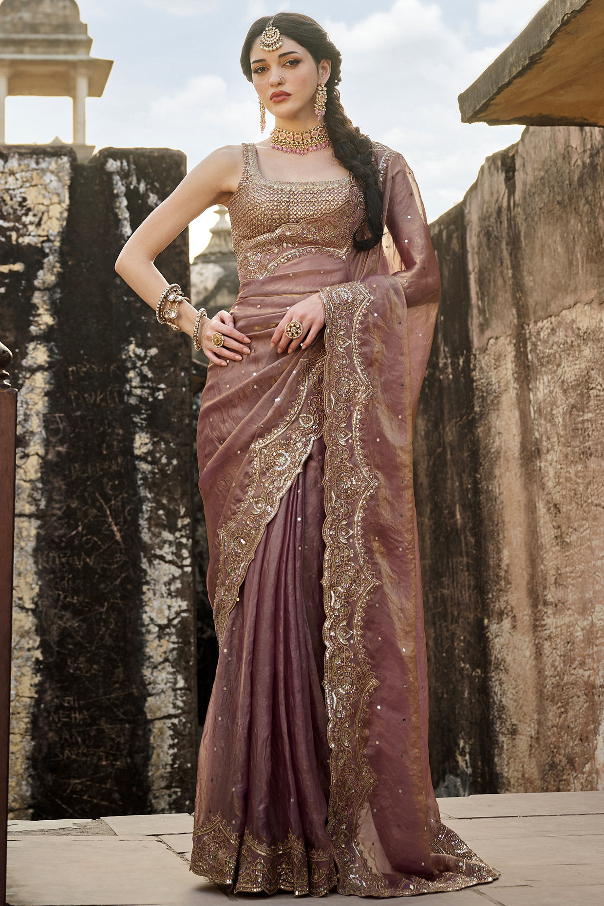Dusty Rose Silk Sequins Embroidered Pre-Stitched Saree Set by Lashkaraa at Pernia's Pop Up Shop