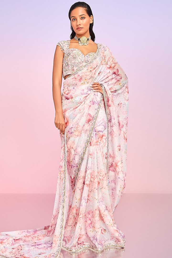 Light Pink Tabby Silk Floral Printed Pre-Stitched Saree Set by Lashkaraa
