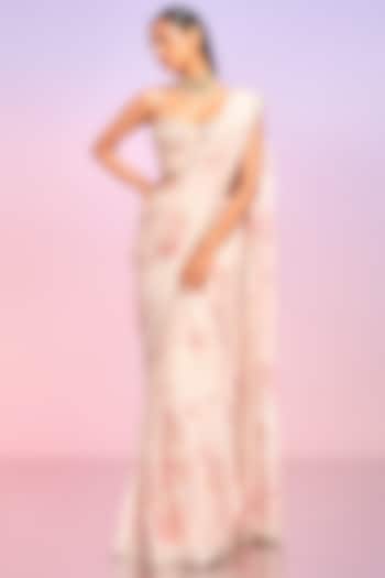 Soft Pink Tabby Silk Floral Printed Pre-Stitched Party Wear Saree Set by Lashkaraa at Pernia's Pop Up Shop