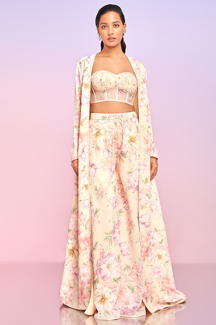 Light Peach Georgette Printed Jacket Set by Lashkaraa at Pernia's Pop Up Shop