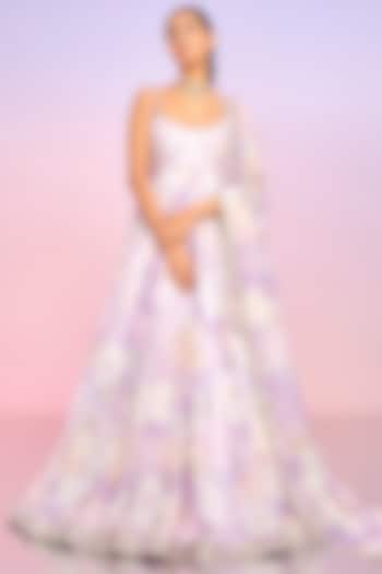 Purple Tabby Silk Floral Printed Party Wear Anarkali Set by Lashkaraa at Pernia's Pop Up Shop