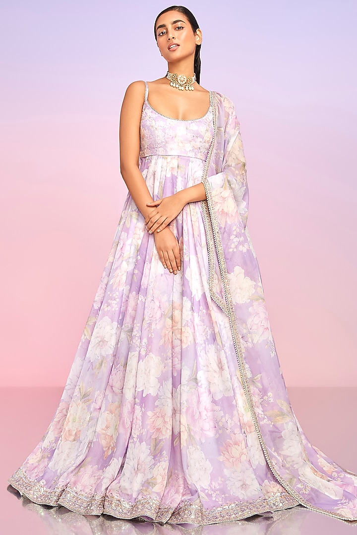 Purple Tabby Silk Floral Printed Party Wear Anarkali Set by Lashkaraa at Pernia's Pop Up Shop