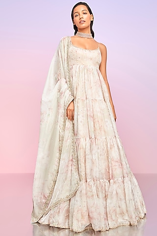 Beige Tabby Silk Floral Printed Anarkali Set by Lashkaraa