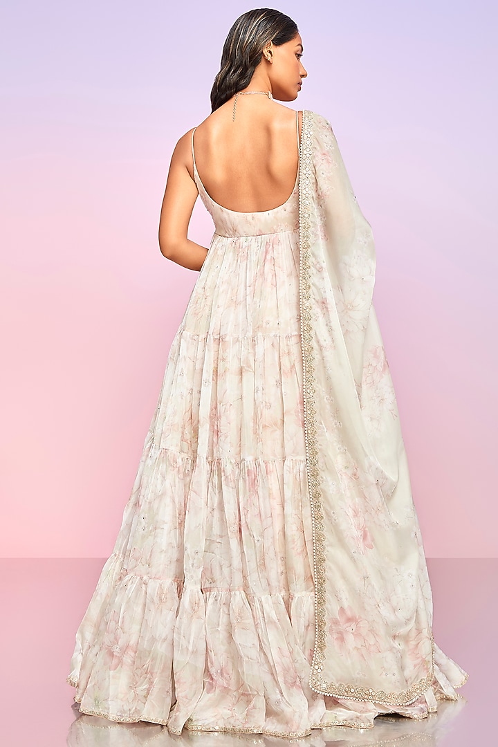 Beige Tabby Silk Floral Printed Party Wear Anarkali Set by Lashkaraa at Pernia's Pop Up Shop
